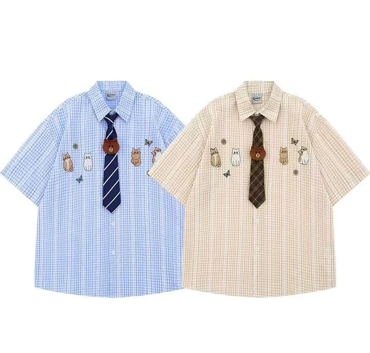 【又又仔专属】夏季猫咪刺绣竖条纹短袖男女宽松休闲POLO衬衫上衣