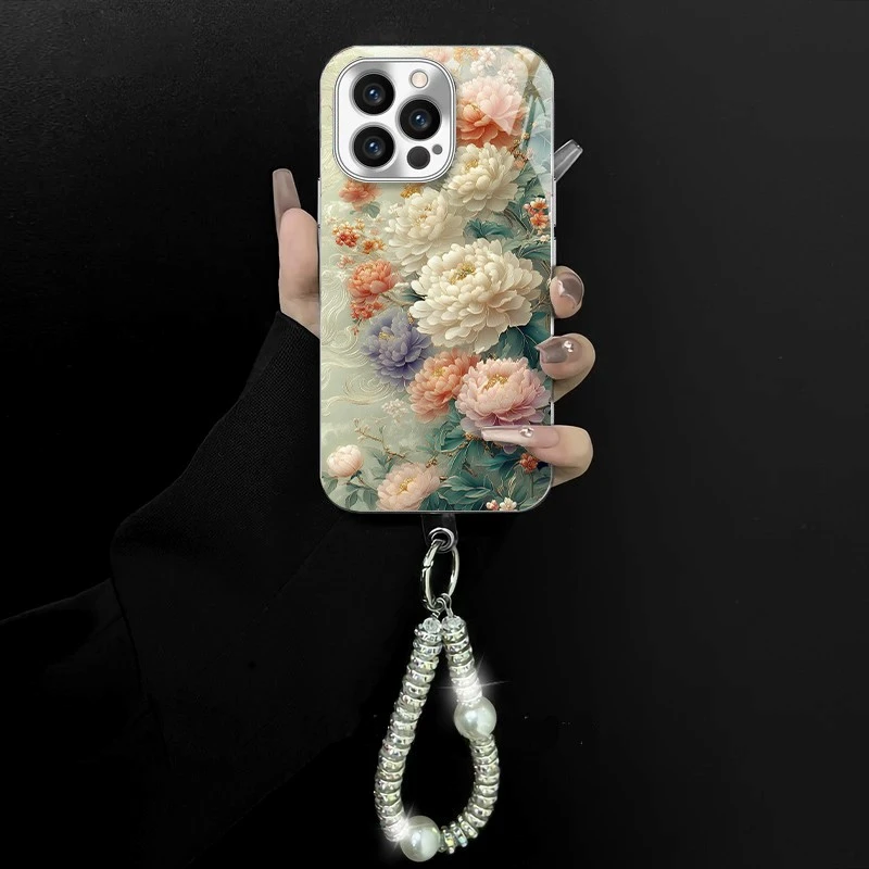 适用于苹果/oppo/华为/vivo/小米满屏花朵电镀玻璃手链防摔手机壳