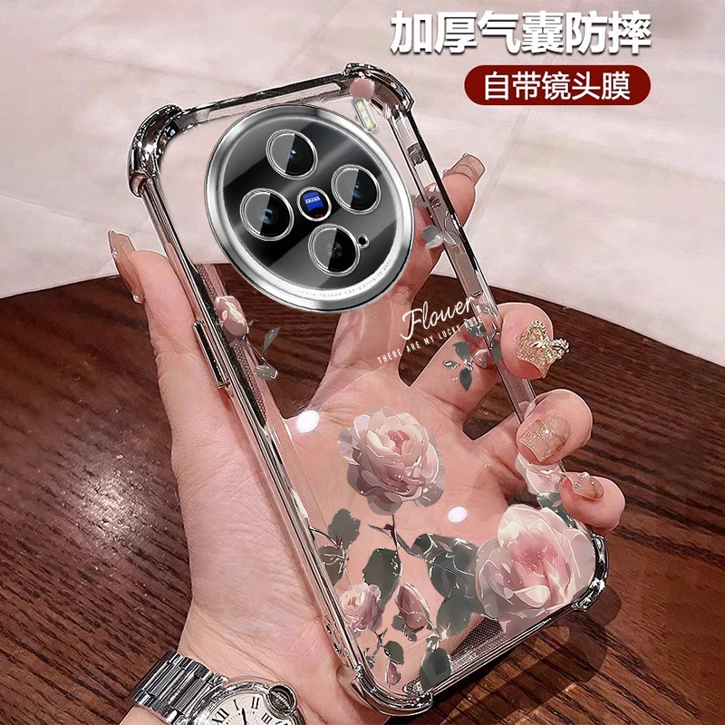 玫瑰花适用vivox300手机壳四角防摔X300Pro轻奢全包带镜头膜 小众