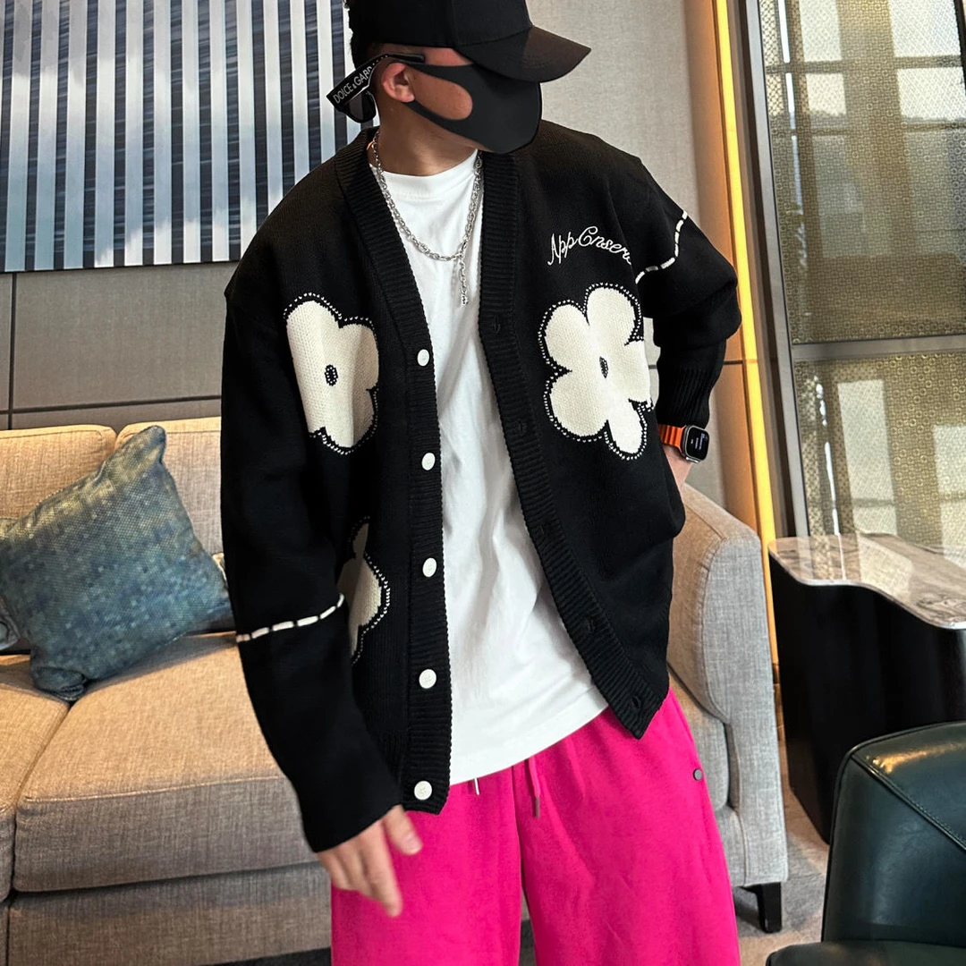 针织开衫秋冬款宽松休闲设计感小众复古花朵拼接毛衣时尚休闲外套