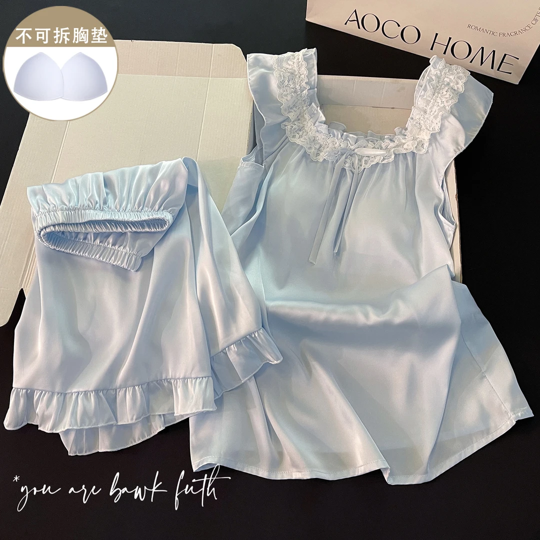 法式睡衣女夏季蓝色休闲高级感带胸垫性感吊带短裤蕾丝家居服套装