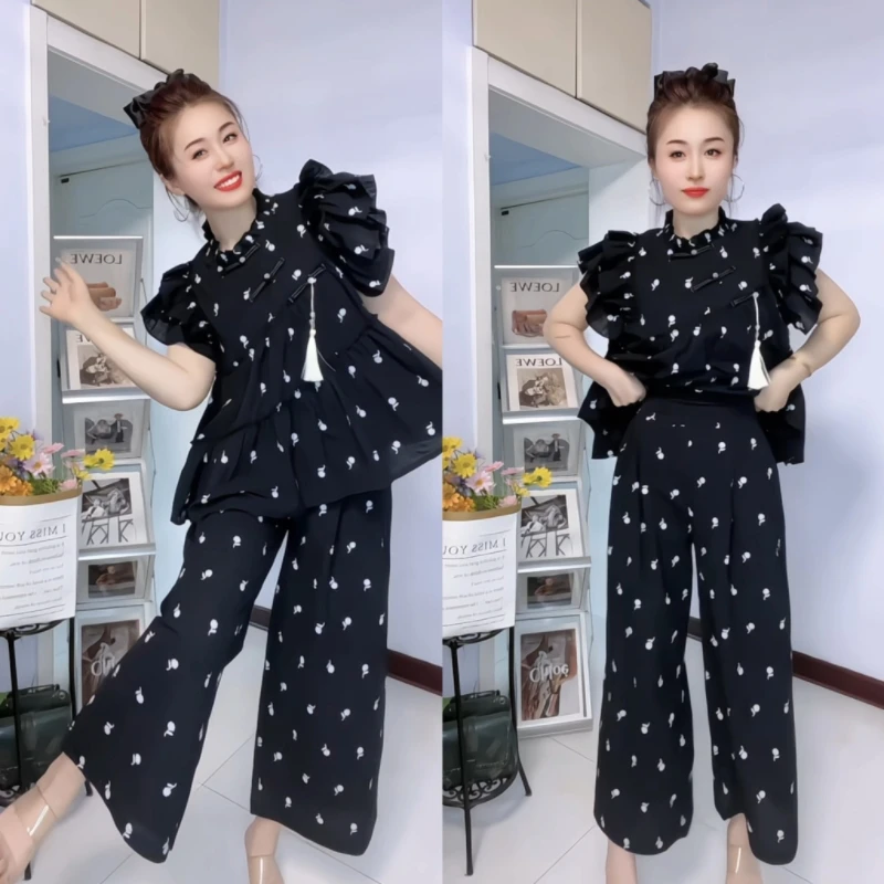 新中式国风印花盘扣阔腿裙裤套装女夏季新款高级感显瘦