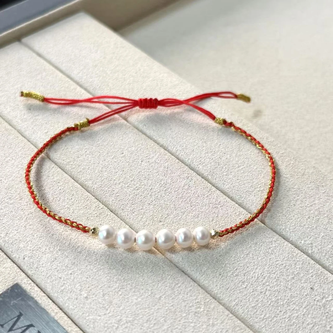 红绳天然淡水akoya珍珠手链正圆无暇18K金小米珠baby新年礼物