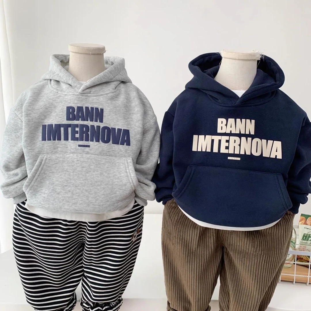 男童卫衣秋冬加绒2025新款儿童一体绒连帽冬季小男女男童蓝色卫衣