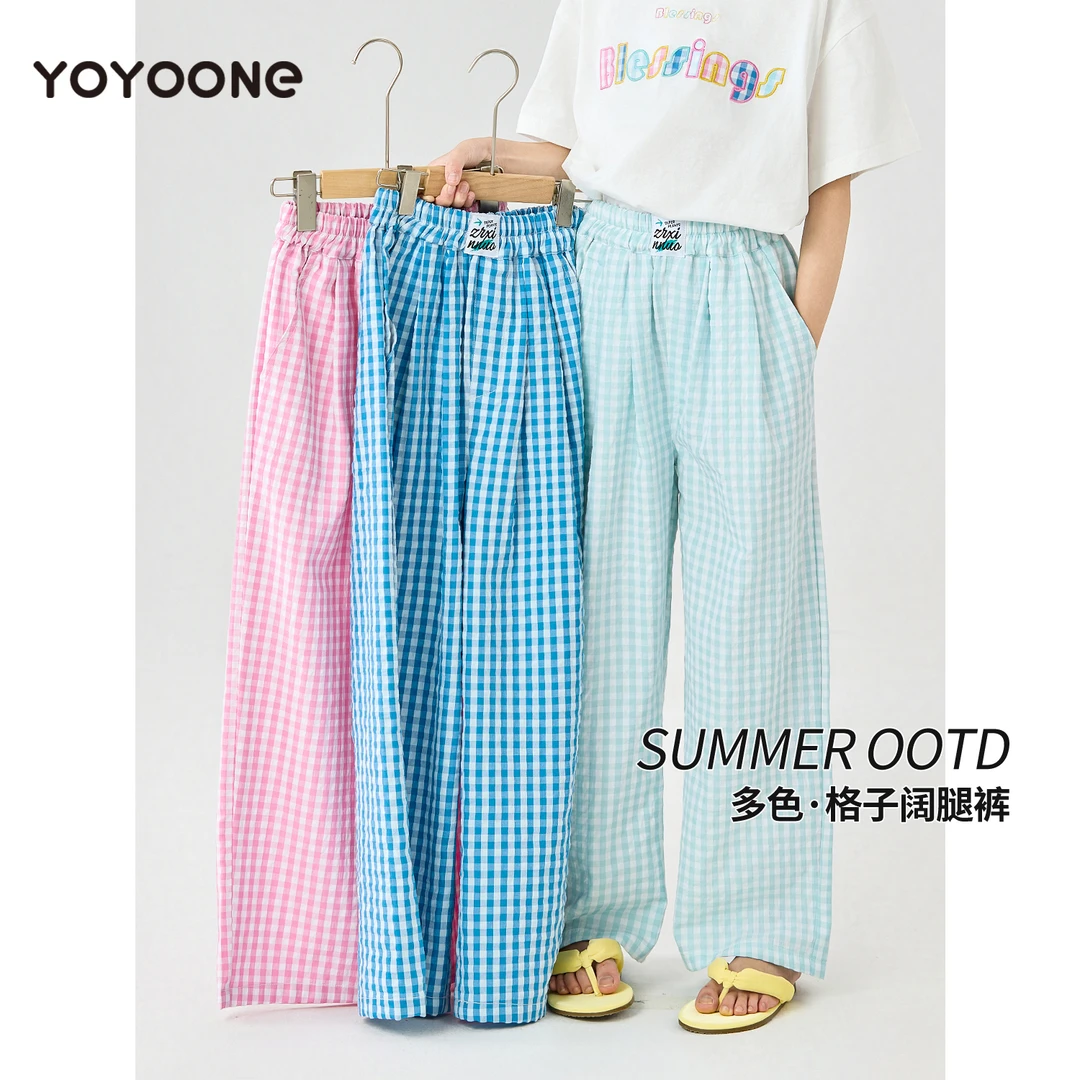 女童阔腿裤夏装2025年新款大童女装蓝色格子裤儿童裤子夏季防蚊裤