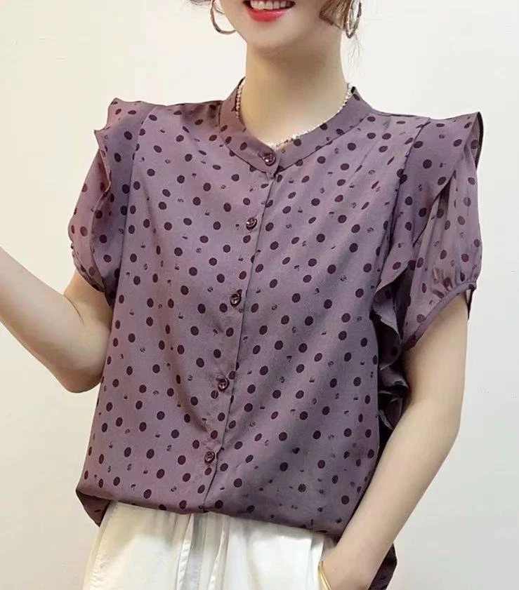 【原创正品】2025夏季时尚圆点花边袖衬衫圆领印花短袖小衫X79