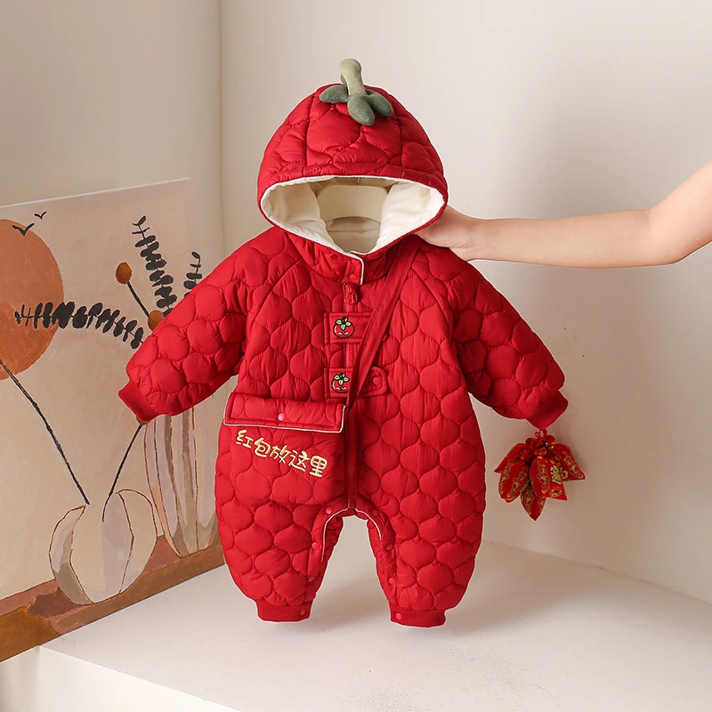 婴儿加绒拜年服周岁喜庆新年宝宝冬装夹棉连体衣过年红包放这 a类