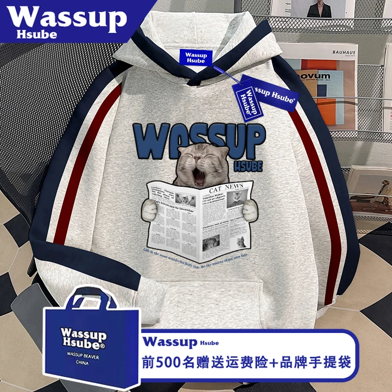 WASSUP HSUBE犯困小猫印花连帽卫衣秋冬设计感上衣男女款连帽开衫