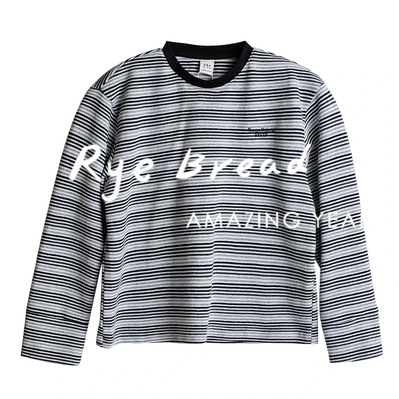 ryebread/黑面包童装 韩版男中大童圆领条纹设计长袖T恤 5春