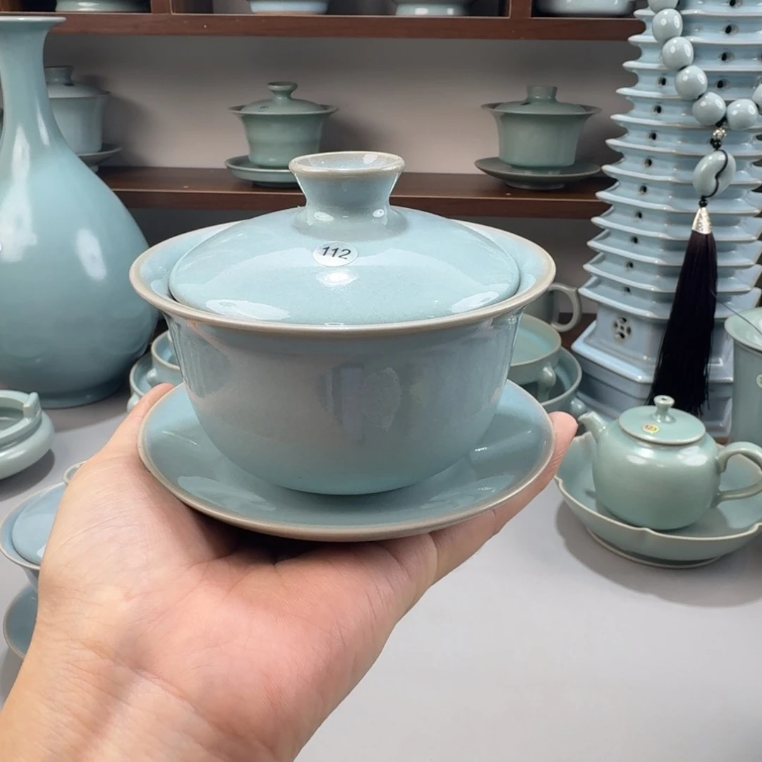 摆件陶瓷二级汝窑天青釉三才元宝盖碗编号112