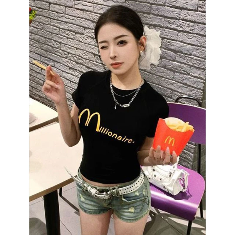 美式辣妹新款短袖正肩t恤女夏季甜辣多巴胺穿搭修身纯欲短款上衣