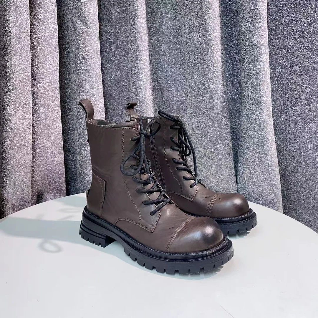 【表弟严选】C384 棕色绒里 高端粗跟圆头真皮厚底短靴 马丁靴