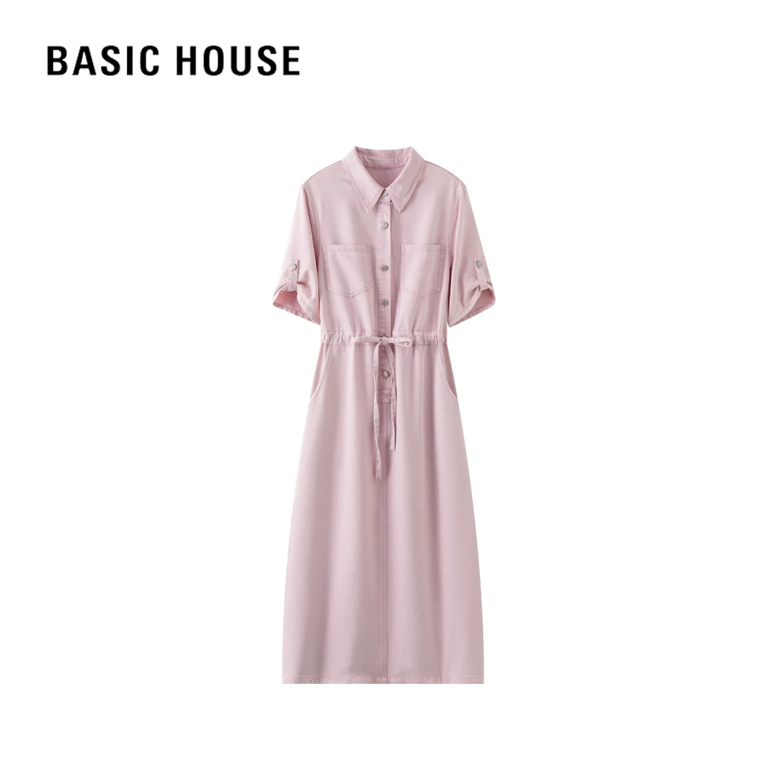 Basic House/百家好夏季简约休闲时尚轻奢气质显瘦系带收腰连衣裙