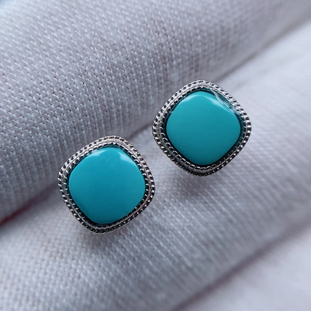 绿松石耳钉银S925镶嵌