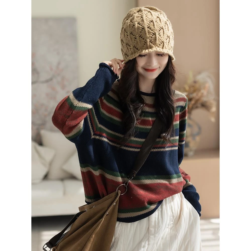 咖咪羽针织毛衣女秋冬休闲条纹慵懒宽松棉线时尚百搭简约宽松女装