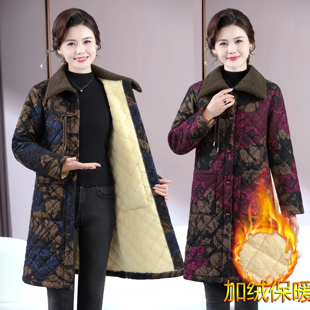 妈妈冬装加绒保暖棉衣外套中长款上衣服中老年女保暖居家棉服棉袄