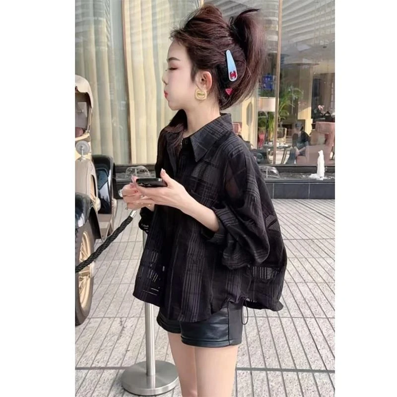 小个子慵懒黑色衬衣女2025春秋新款polo领长袖叠穿衬衫松弛感上衣