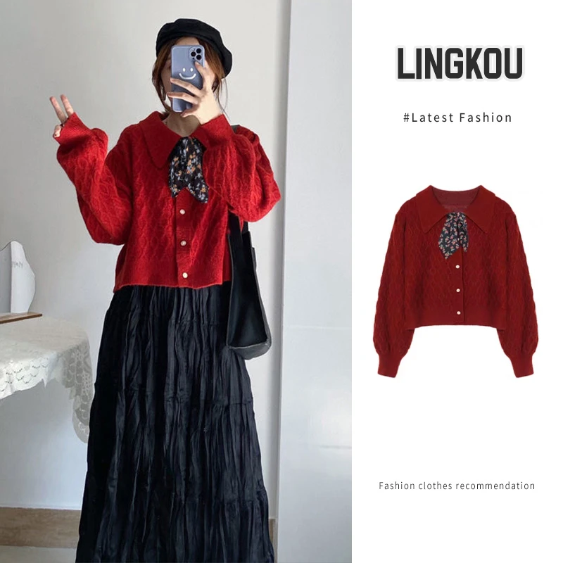 2025大码红色毛衣新年外套针织开衫爆款秋冬新款小个子氛围感上衣