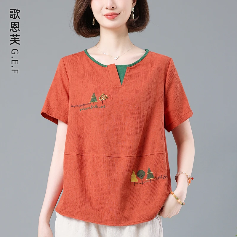 妈妈夏装纯棉短袖t恤女2025新款宽松休闲洋气50岁中老年上衣体恤6