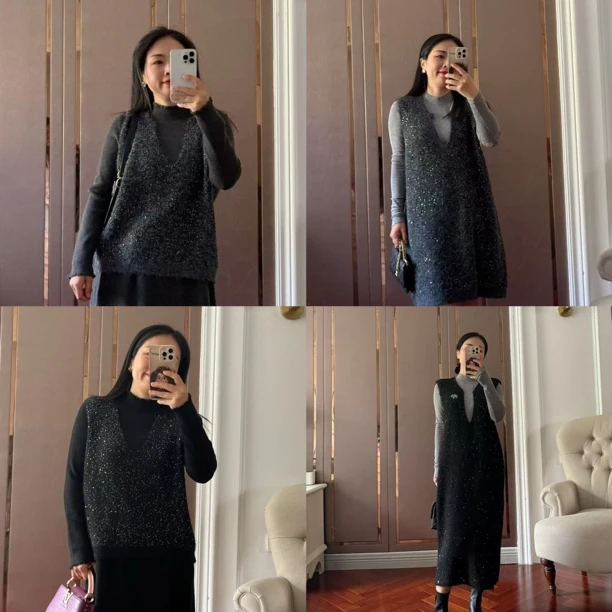 【Zoe轻奢】一卷柔情·羊毛混纺细闪V领针织无袖背心/连衣裙240853