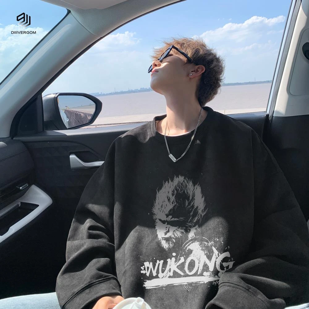 DIIIVERGOM黑色神话国潮卫衣男款新款春季圆领无帽潮牌重磅外套