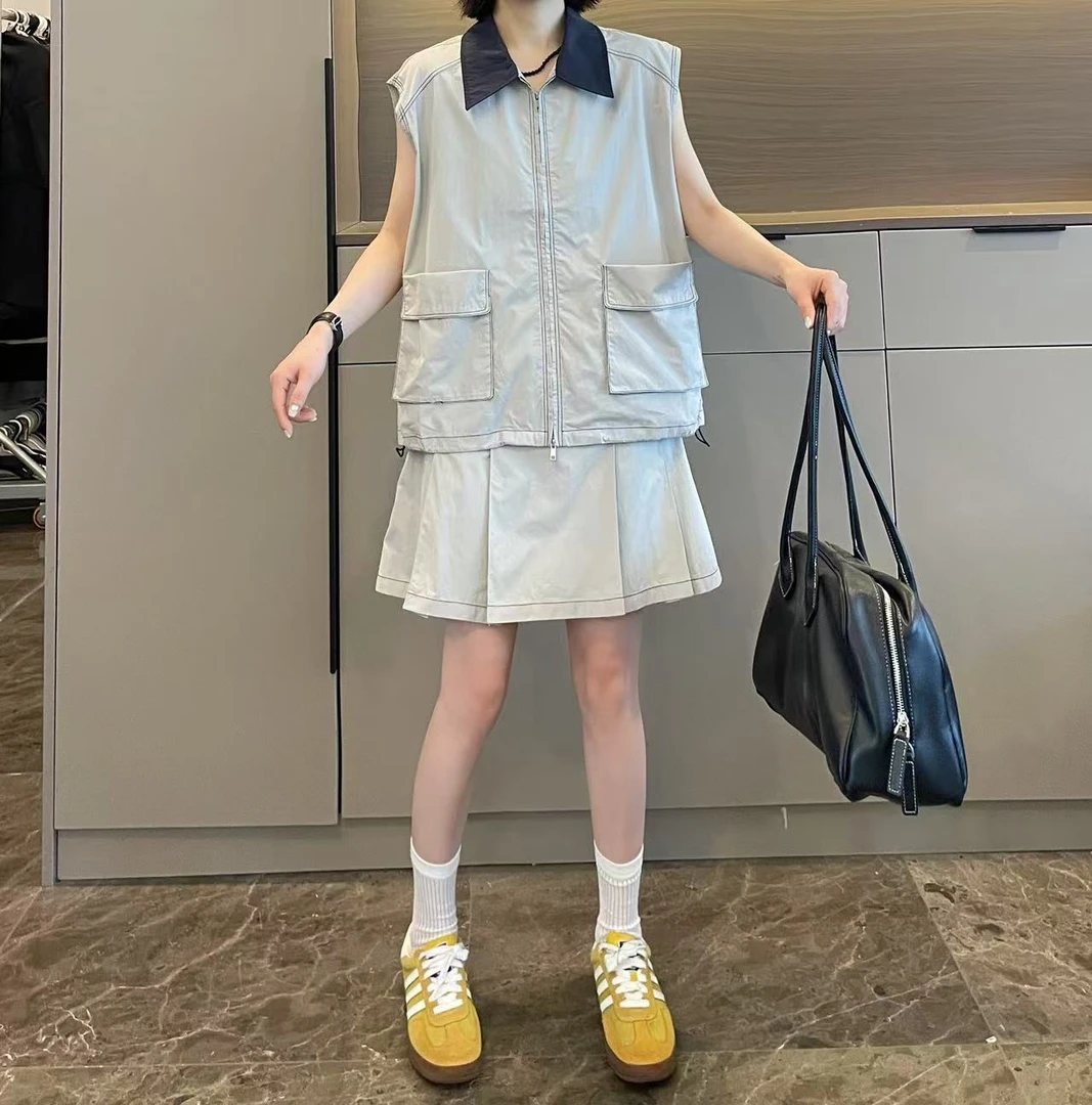 米可/MK-2041ZJ【翻领无袖马甲百褶半裙套装】时尚夏季新款两件套