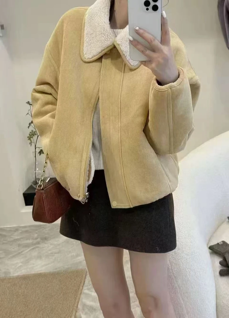 十三行2025麂皮绒显瘦外套韩系羊羔毛皮毛一体女短款外套两面穿