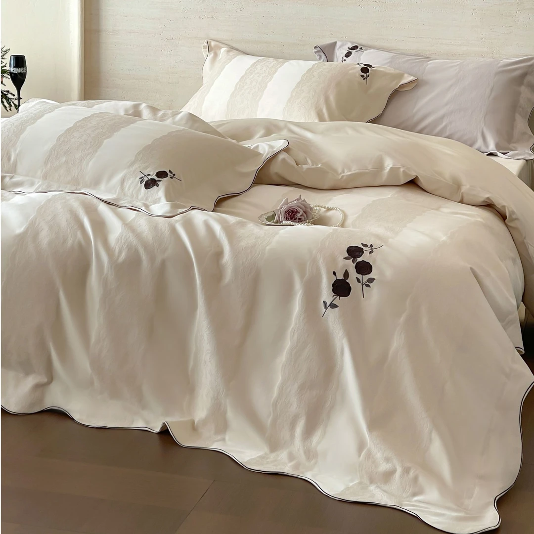 绣花夫人/花弧梦境/玫瑰刺绣/波浪刺绣纹边/简约意式/四件套