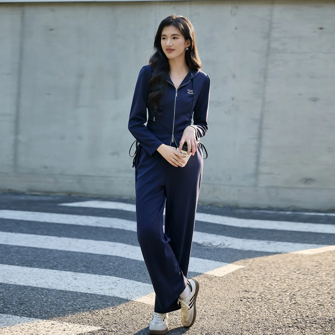 奢姿大码女装2025秋季胖妹妹时尚连帽拉链上衣气质阔腿裤两件套装