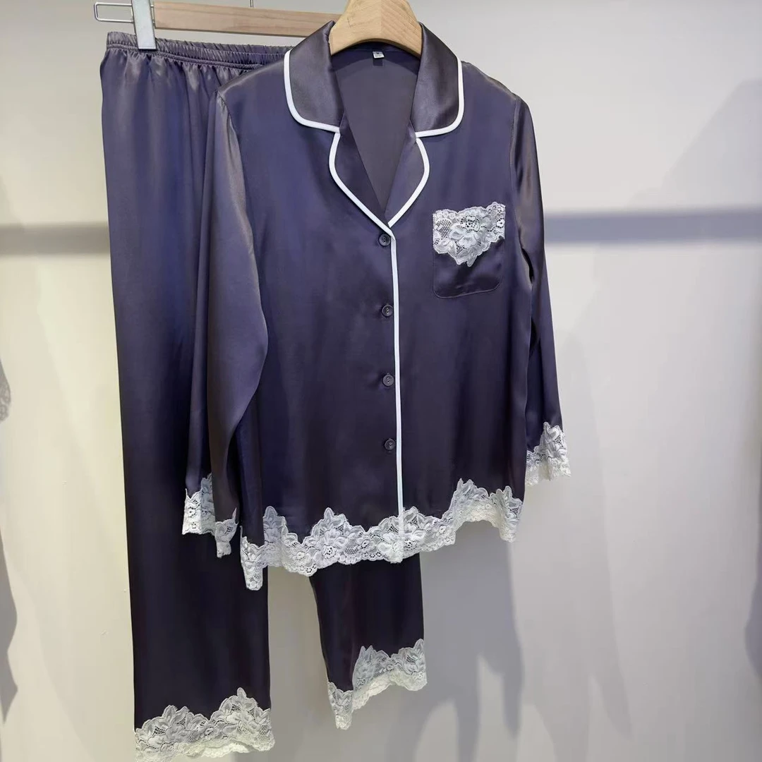 100%桑蚕丝重磅时尚性感长袖长裤蕾丝裤套装T2491