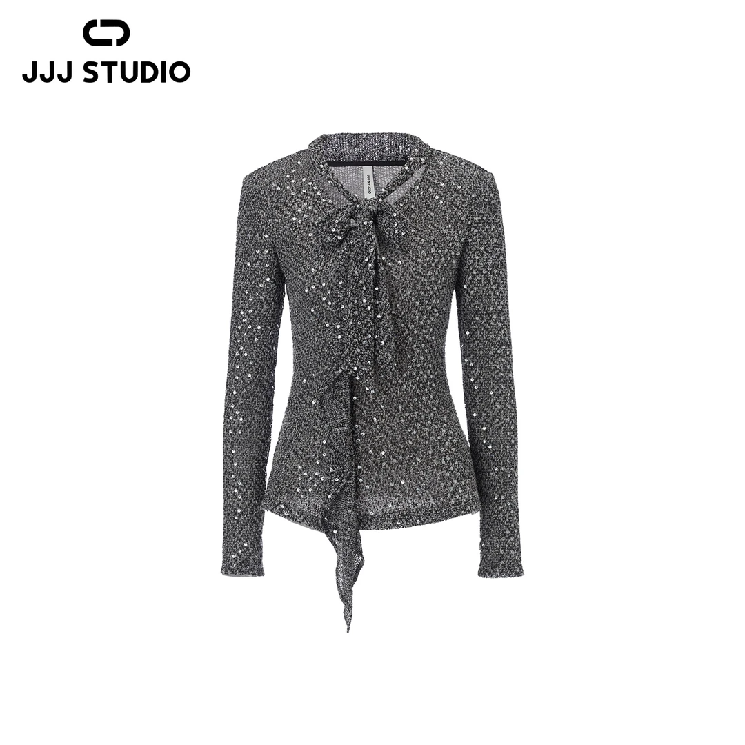 JJJ STUDIO 灰色V领飘带针织衫女优雅修身显瘦精致亮片JDWWW1N388