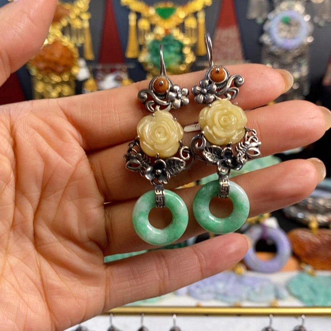 翡翠手镯银S925镶嵌嘉*耳坠