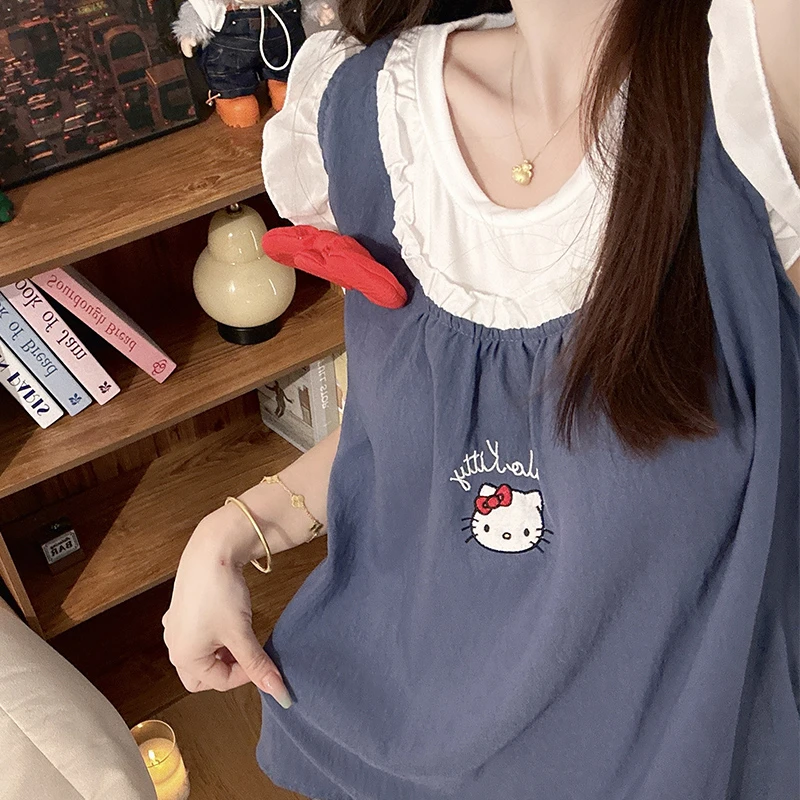 藏蓝kitty带胸垫睡衣女新款少女甜美可爱夏季短袖短裤家居服套装