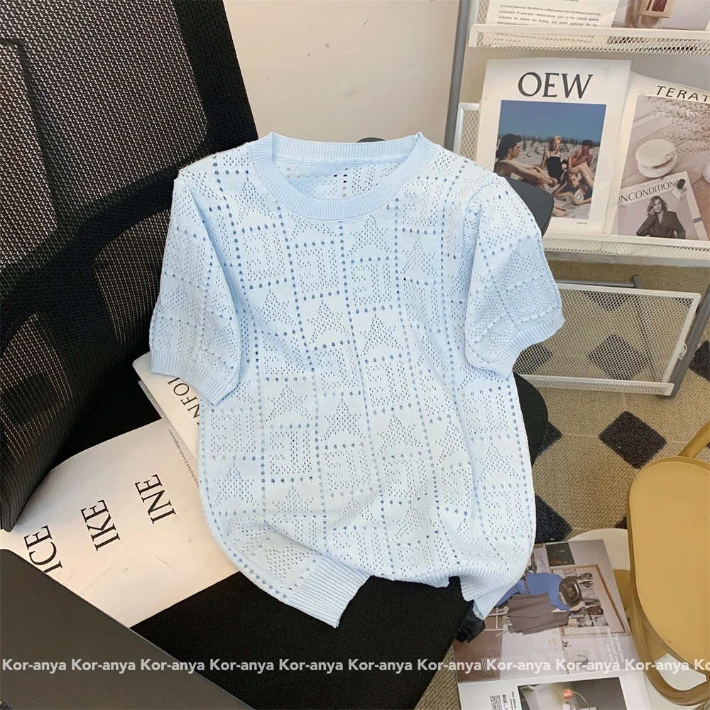 正肩蓝色镂空针织短袖t恤女夏季夏针织衫短款小个子2025新款上衣