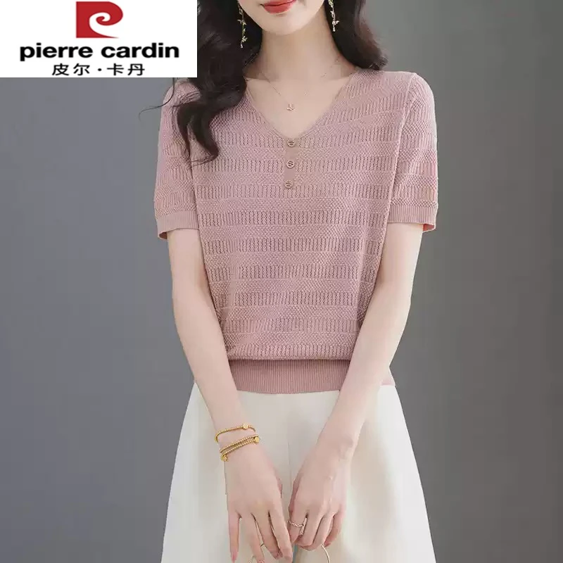 皮尔卡丹夏季V领冰丝t恤女士短袖薄款针织衫新款中年妈妈镂空洋气