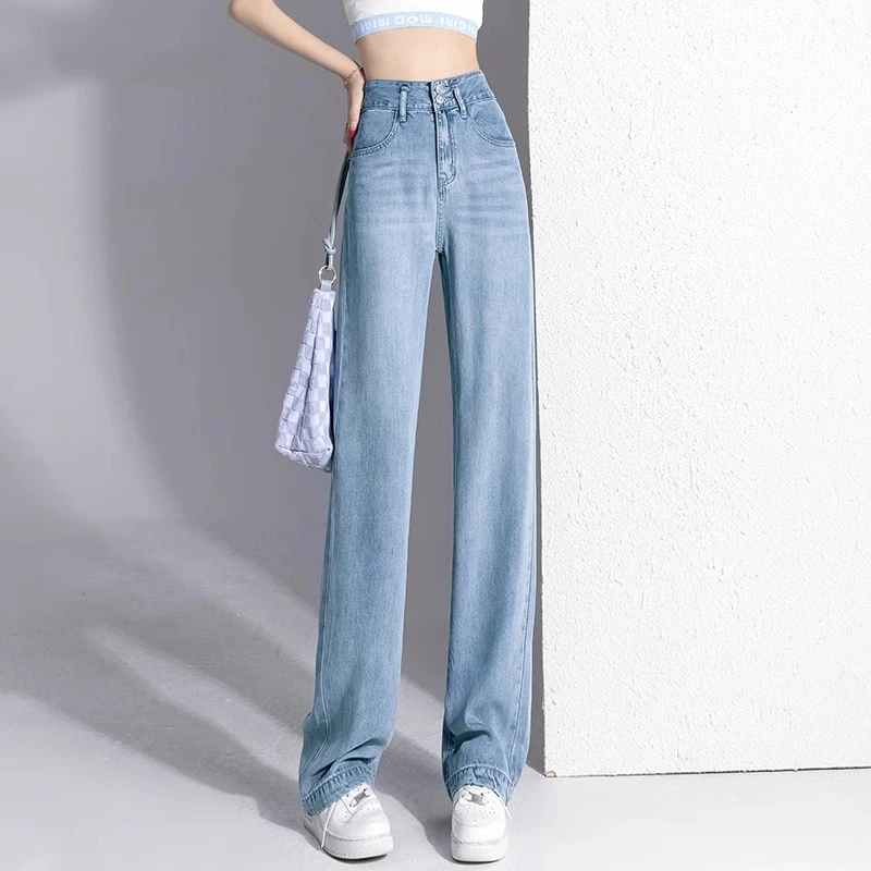 莱赛尔天丝牛仔裤女2025年夏季薄新款冰丝窄版直筒小个子阔腿裤子