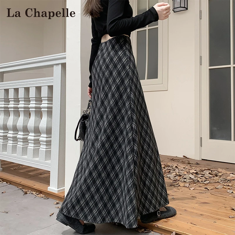 拉夏贝尔格子毛呢半身裙女秋冬新款高腰a字中长款格纹百褶包臀裙