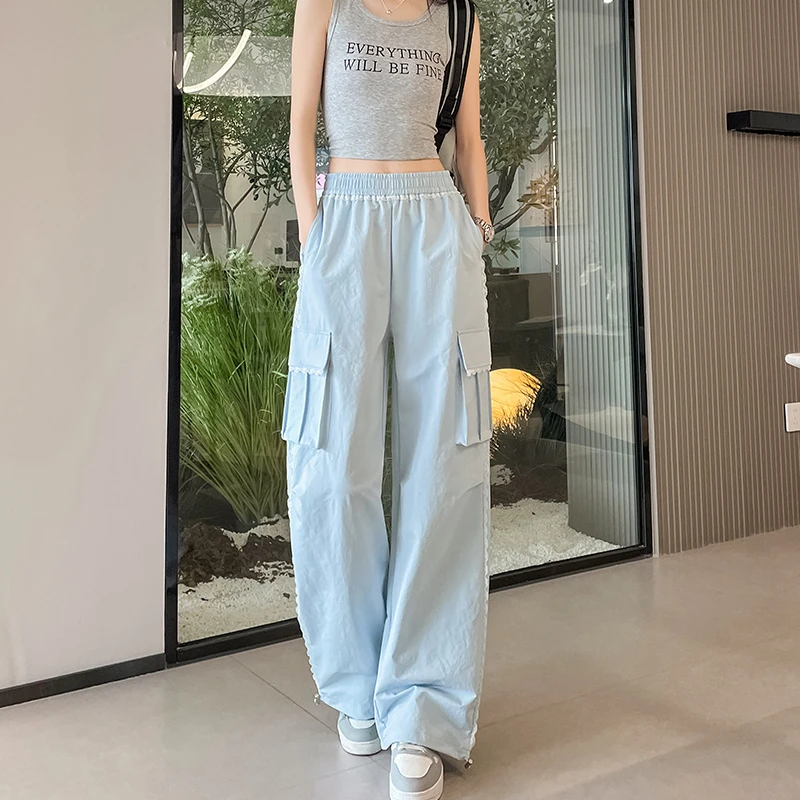 速干冰丝美式工装裤女夏季薄款2025新款超火酷飒风蕾丝花边阔腿裤