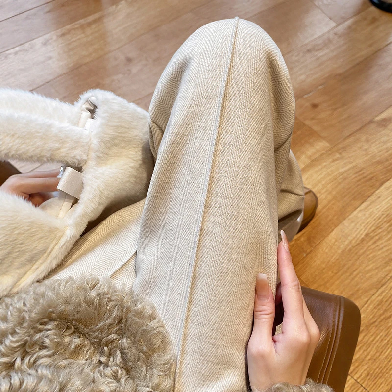 人字纹阔腿裤女秋季爆款2025年新款高腰垂感休闲秋冬窄版直筒毛呢