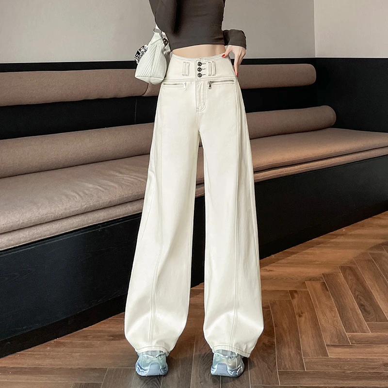 直筒牛仔裤白色女春季2025年新款宽松显瘦时尚辣妹设计感阔腿