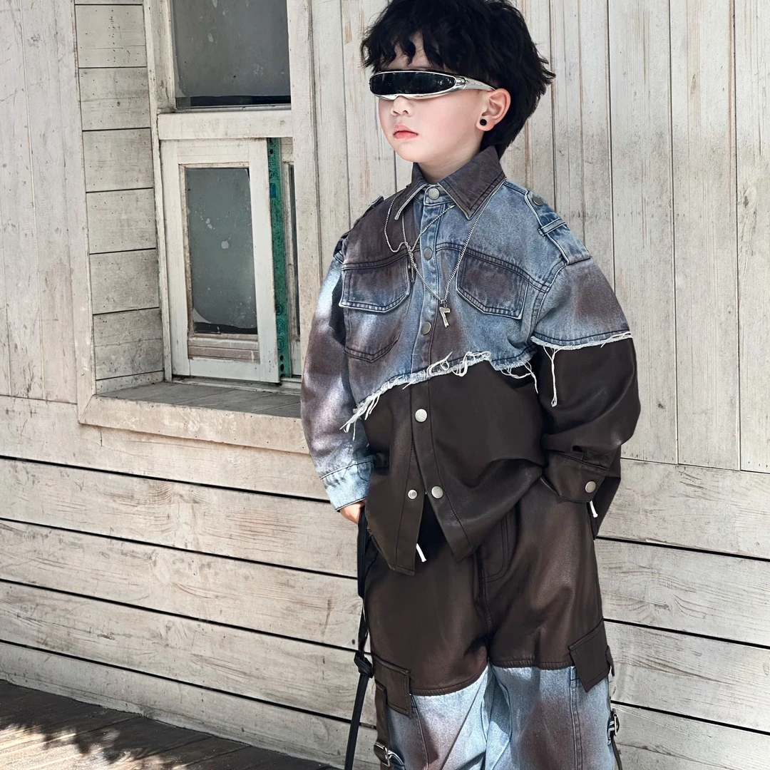 kb6649｜春季儿童 拼接皮牛仔套装 晕染帅麻啦！！