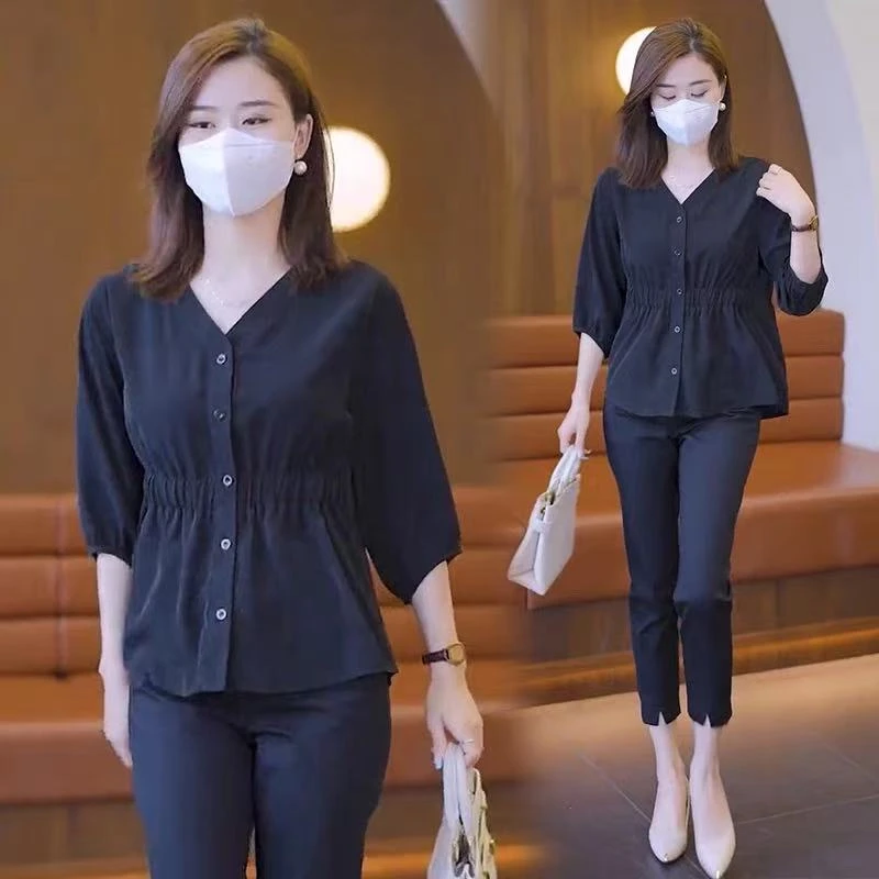 灯笼袖收腰遮肚子衬衫女显瘦抽褶衬衫大码七分袖休闲百搭衬衣