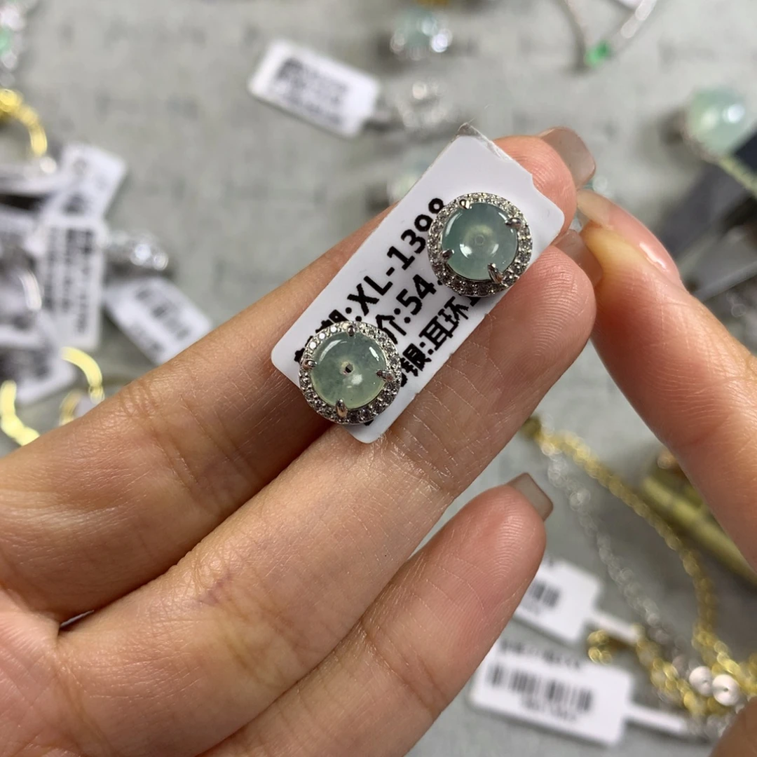 翡翠银S925镶嵌戒指耳钉