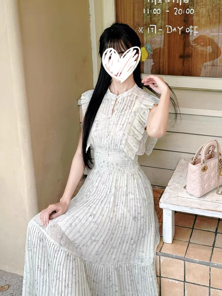 现货 陈都灵同款小飞袖碎花百褶连衣裙女秋高腰a字裙休闲长裙7099