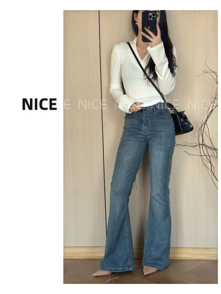 NICE【腿精】微喇牛仔裤蓝色pansk冰蓝牛仔裤