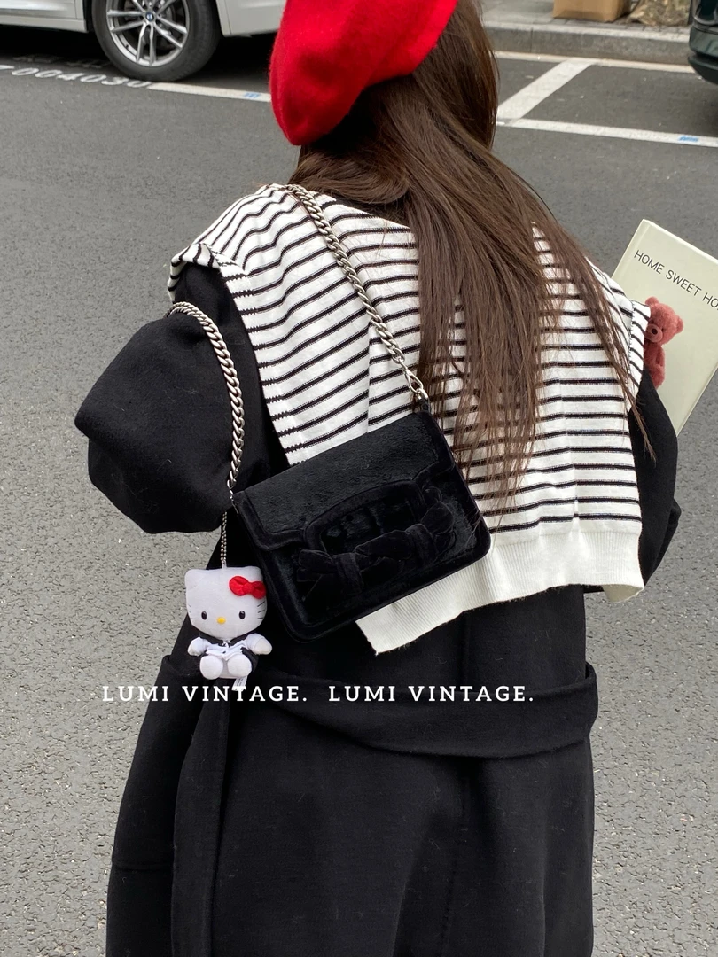 95新 MIU MIU/缪缪 黑色毛毛蝴蝶结单肩包 27649599