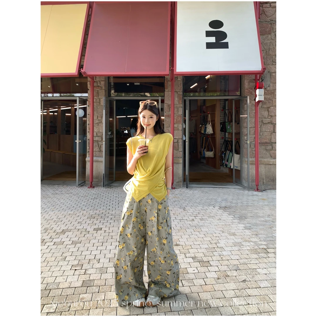 现货【谢不肉】交叉下摆飞袖宽松遮肉显瘦百搭休闲无袖背心上衣5627