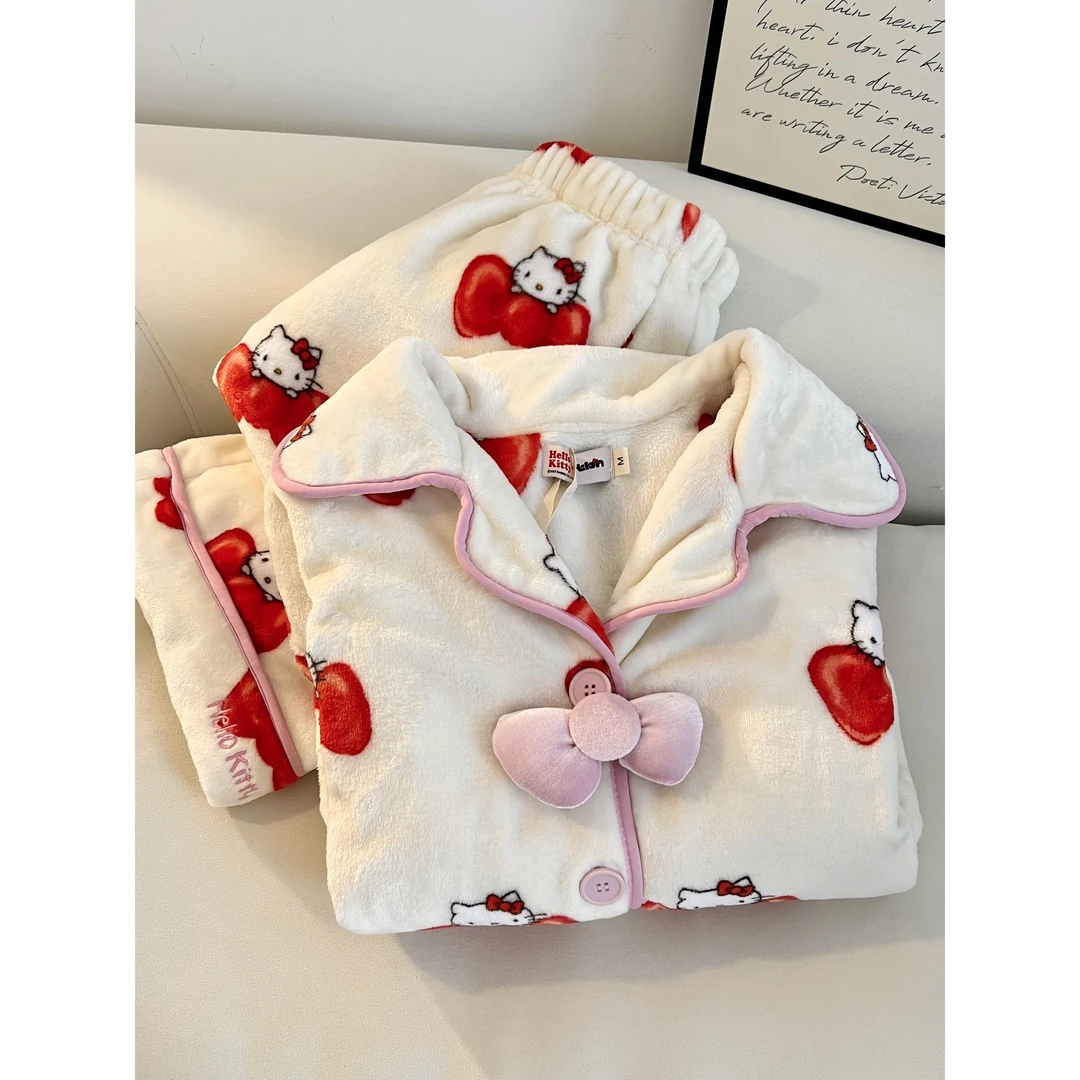 韩系甜美蝴蝶结kitty法兰绒睡衣女秋冬季新款加厚保暖家居服套装