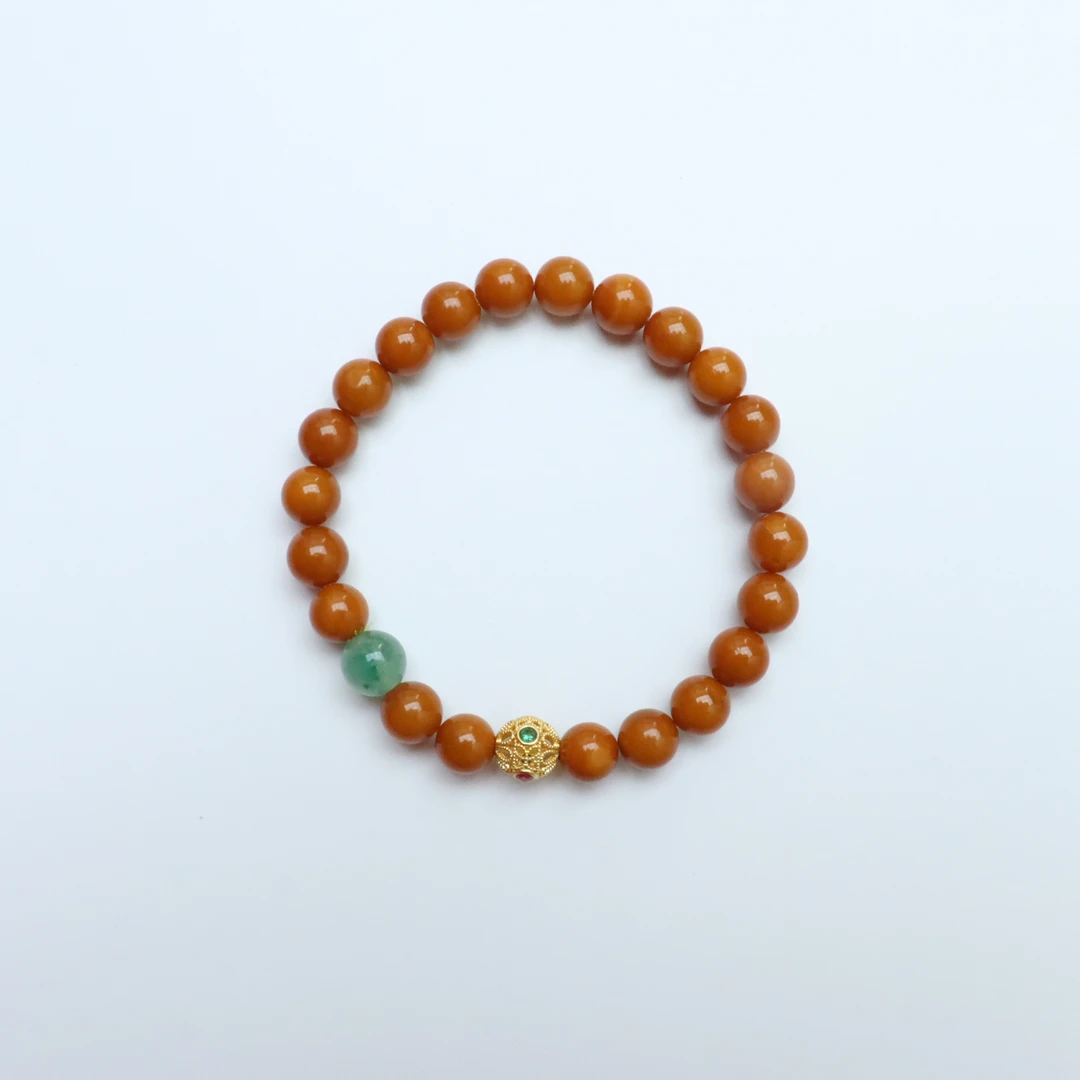 18k金天然琥珀蜜蜡单圈简约百搭女款手串手链手饰6mm