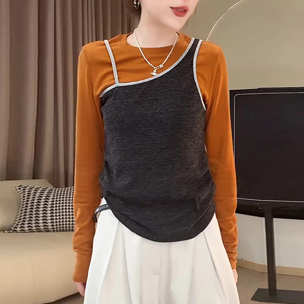 韩系撞色假两件长袖t恤女2025春秋新款不规则叠穿内搭打底衫上衣